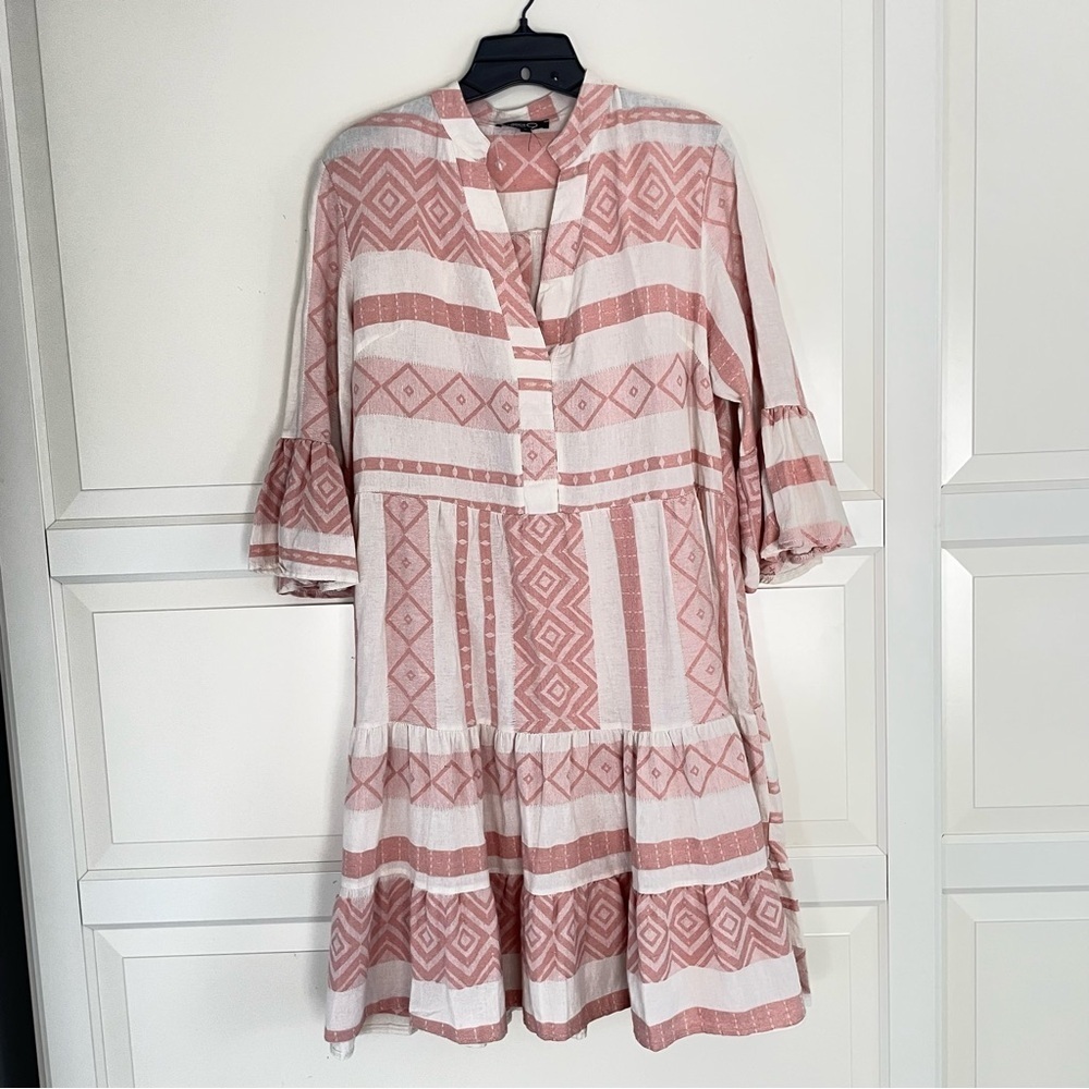 Fabrica 9 Geo Pattern Ruffle Belle Sleeve Mini Dress Pink Off White 26550
